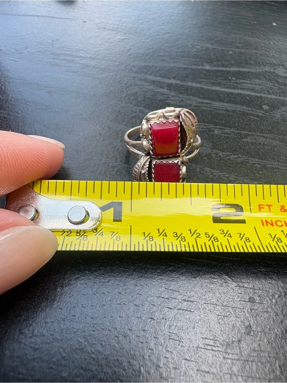 Southwest Style Ring with Red Stones and Feather Accents - Size 7.25
